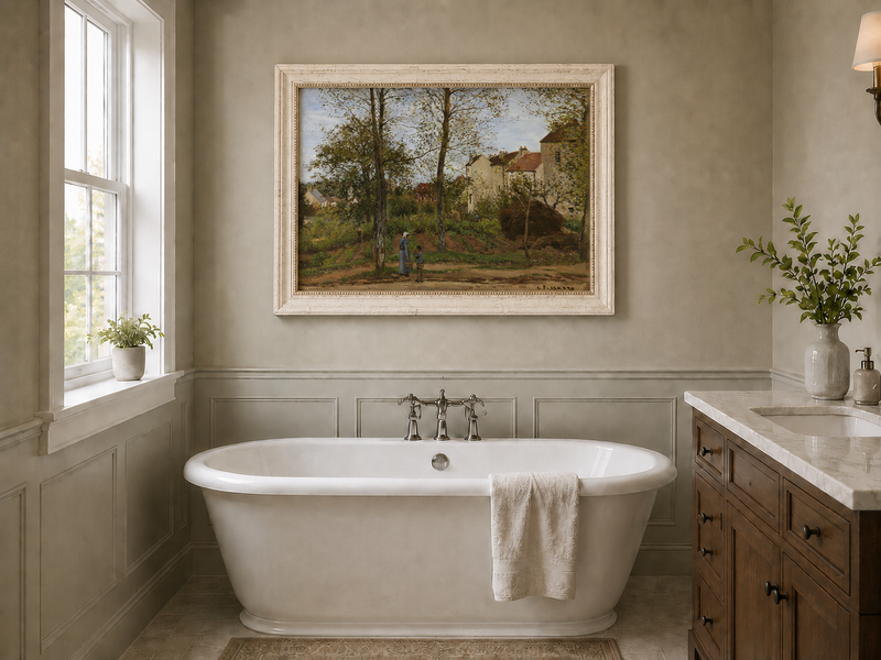 Landscape Oil Painting - Autumn Village Houses with Figures