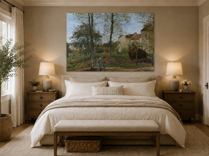 Landscape Oil Painting - Autumn Village Houses with Figures