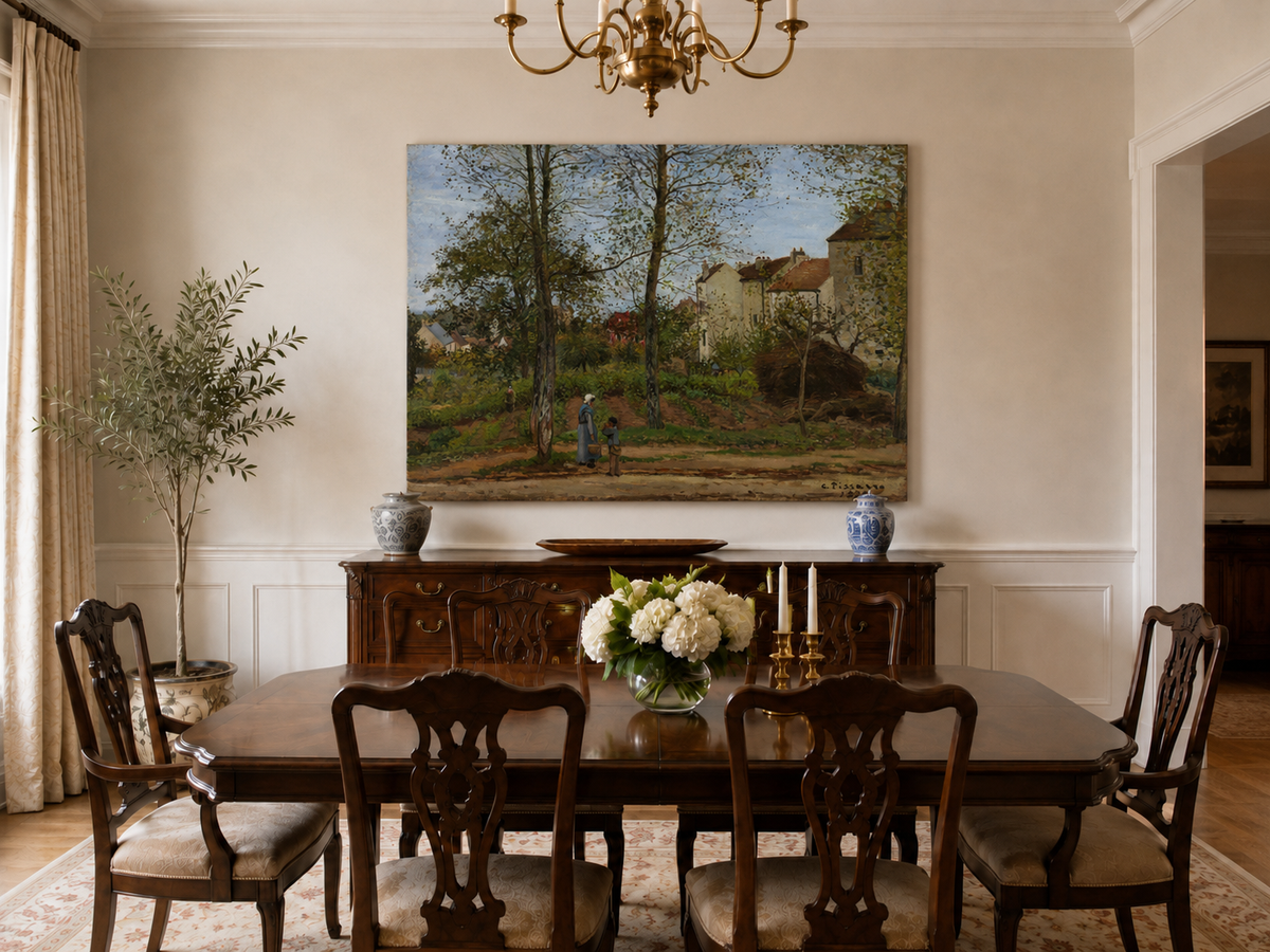 Landscape Oil Painting - Autumn Village Houses with Figures