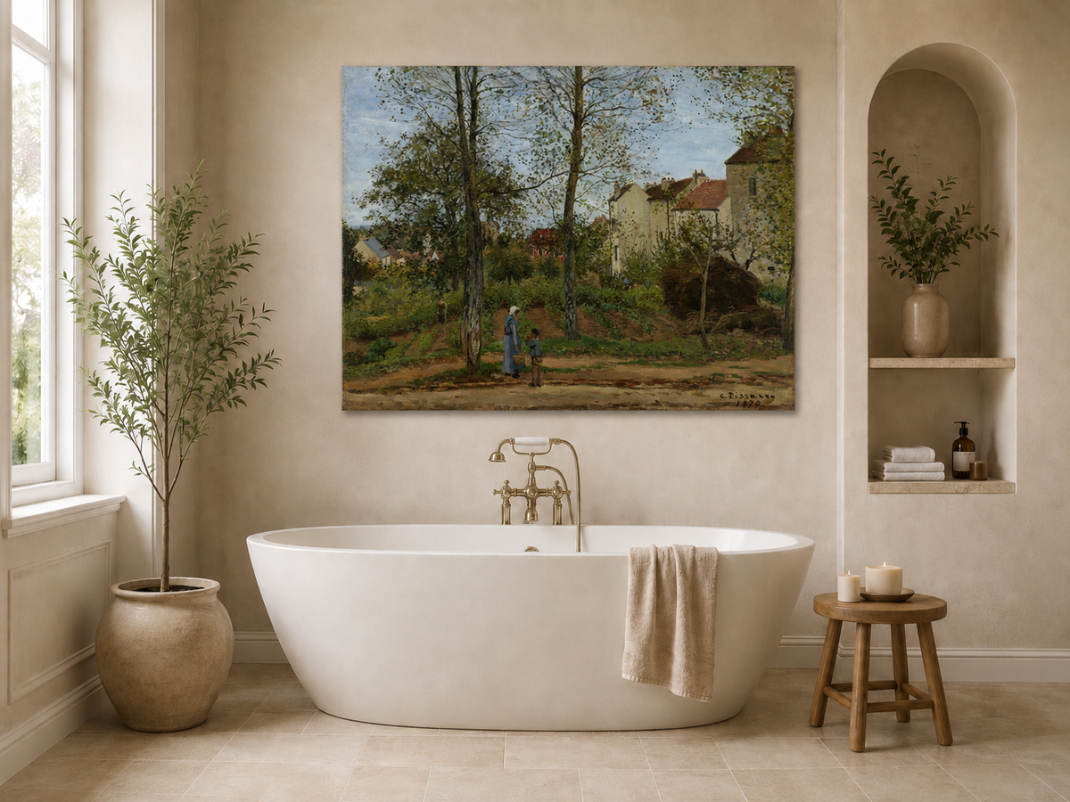 Landscape Oil Painting - Autumn Village Houses with Figures