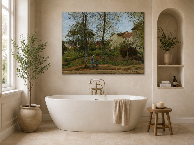 Landscape Oil Painting - Autumn Village Houses with Figures
