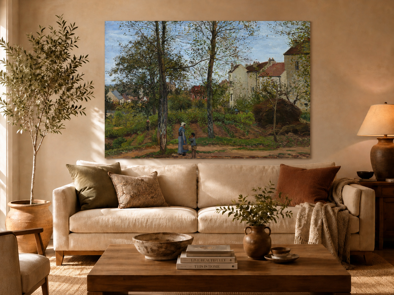 Landscape Oil Painting - Autumn Village Houses with Figures