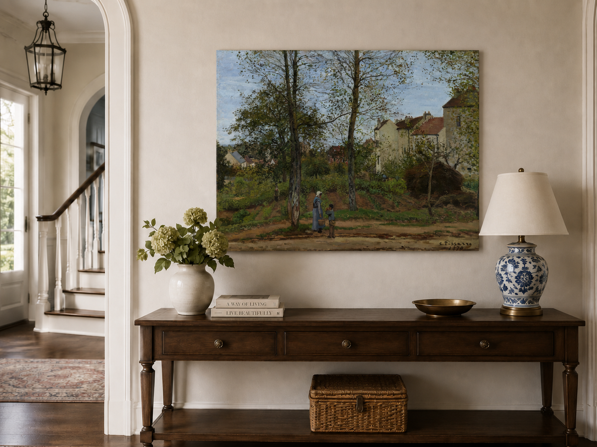 Landscape Oil Painting - Autumn Village Houses with Figures