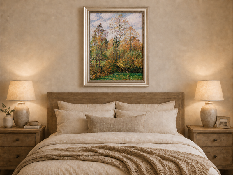 Peinture à l'huile de paysage - Rivière printanière avec pêcheur et arbres
