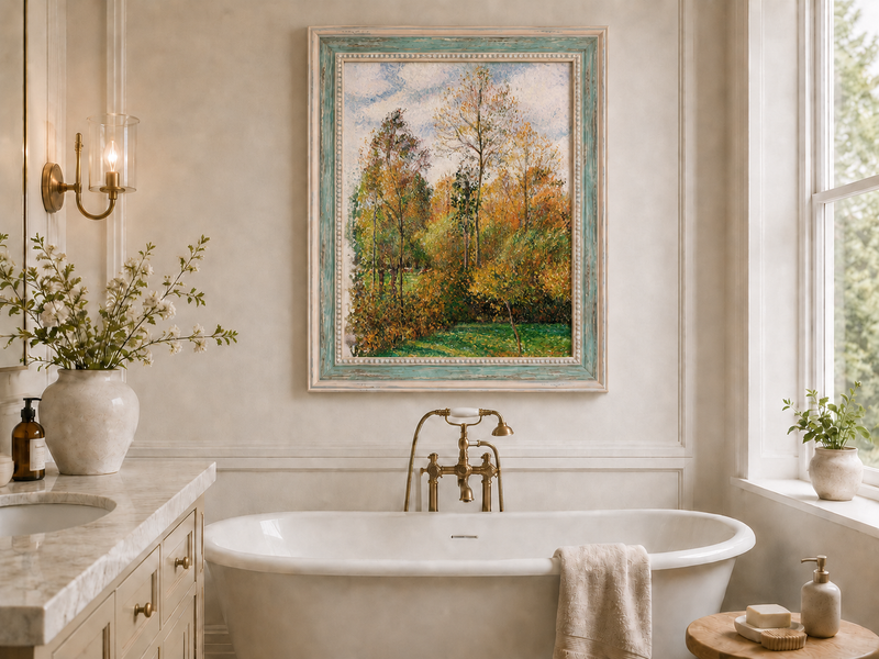 Peinture à l'huile de paysage - Rivière printanière avec pêcheur et arbres