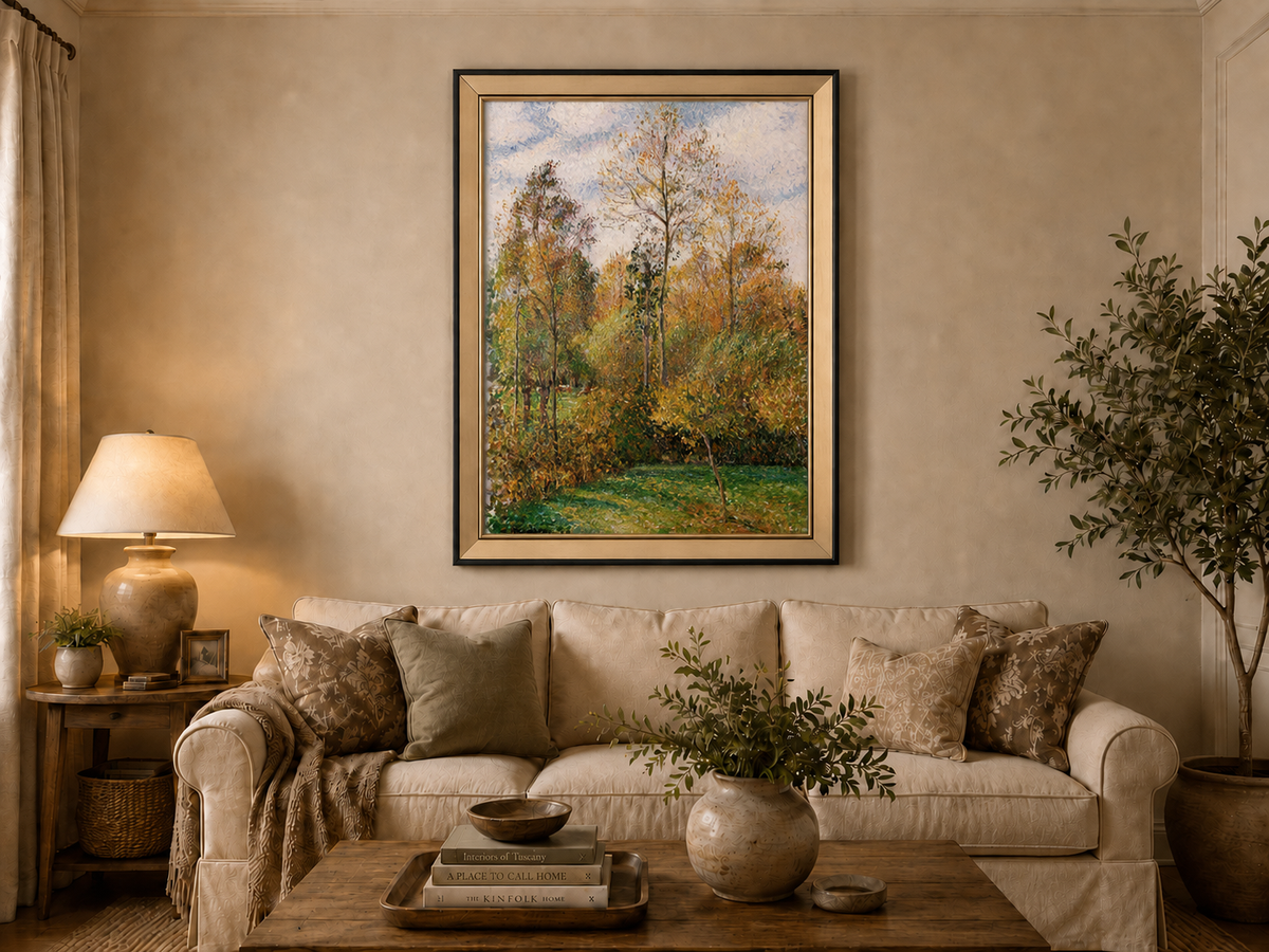 Peinture à l'huile de paysage - Rivière printanière avec pêcheur et arbres