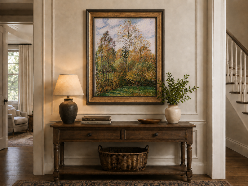 Peinture à l'huile de paysage - Rivière printanière avec pêcheur et arbres