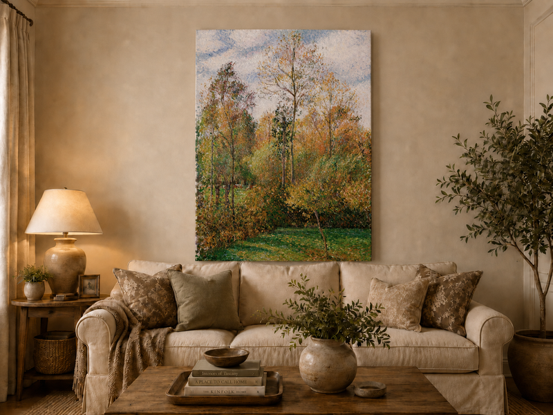 Peinture à l'huile de paysage - Rivière printanière avec pêcheur et arbres