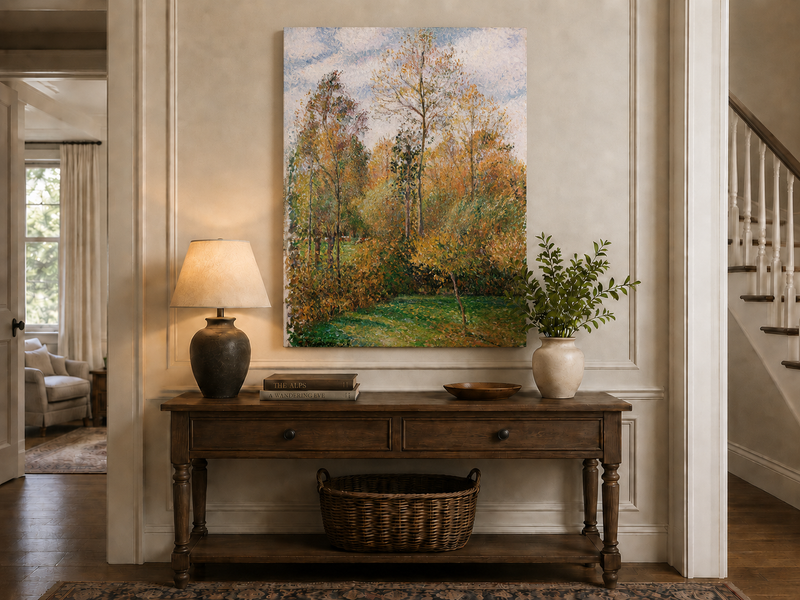 Peinture à l'huile de paysage - Rivière printanière avec pêcheur et arbres