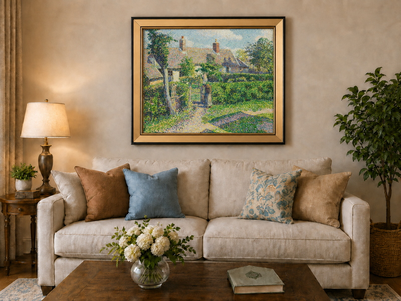 Peinture à l'huile de paysage - Village côtier avec phare et coucher de soleil