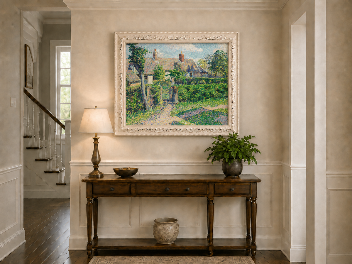 Peinture à l'huile de paysage - Village côtier avec phare et coucher de soleil