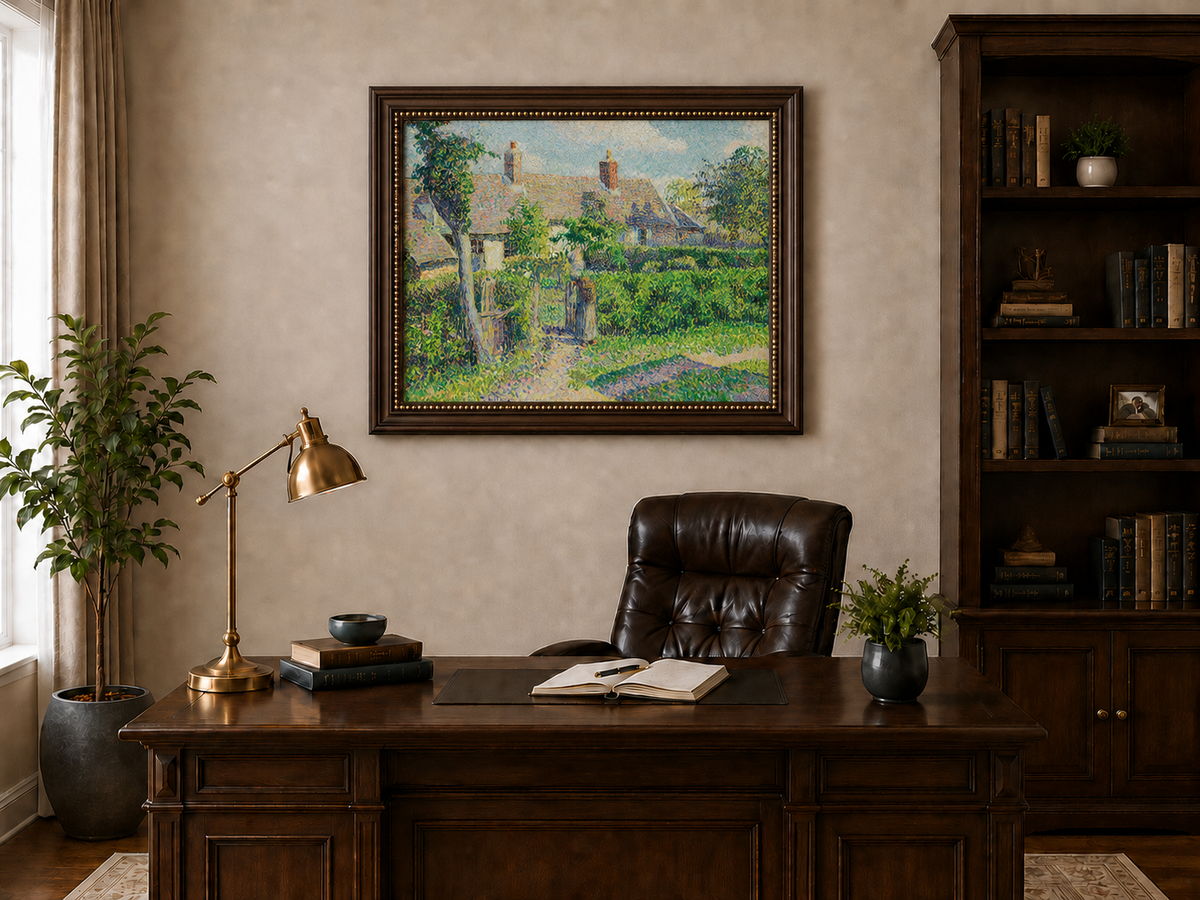 Peinture à l'huile de paysage - Village côtier avec phare et coucher de soleil