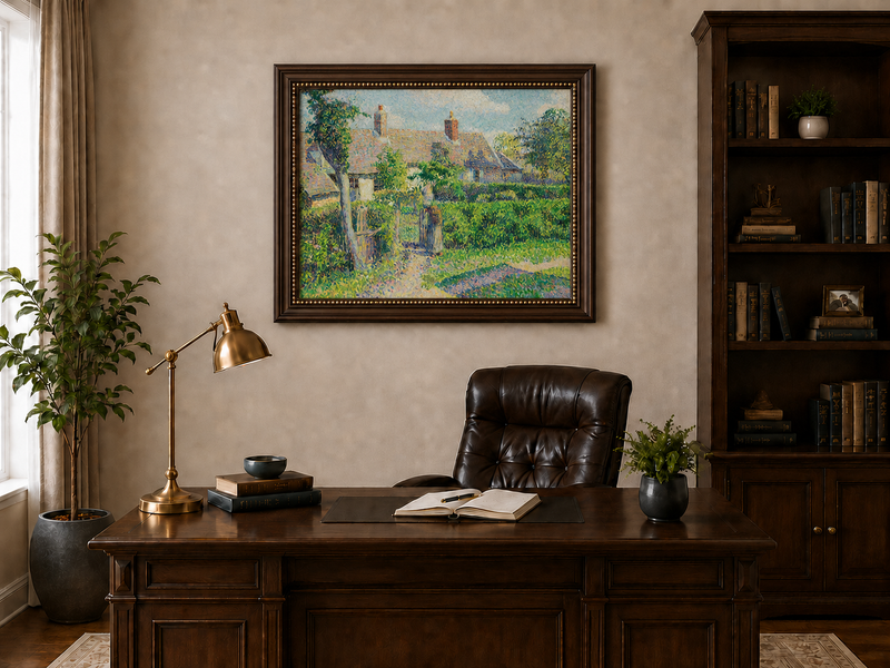 Peinture à l'huile de paysage - Village côtier avec phare et coucher de soleil