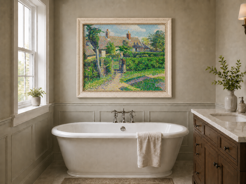 Peinture à l'huile de paysage - Village côtier avec phare et coucher de soleil