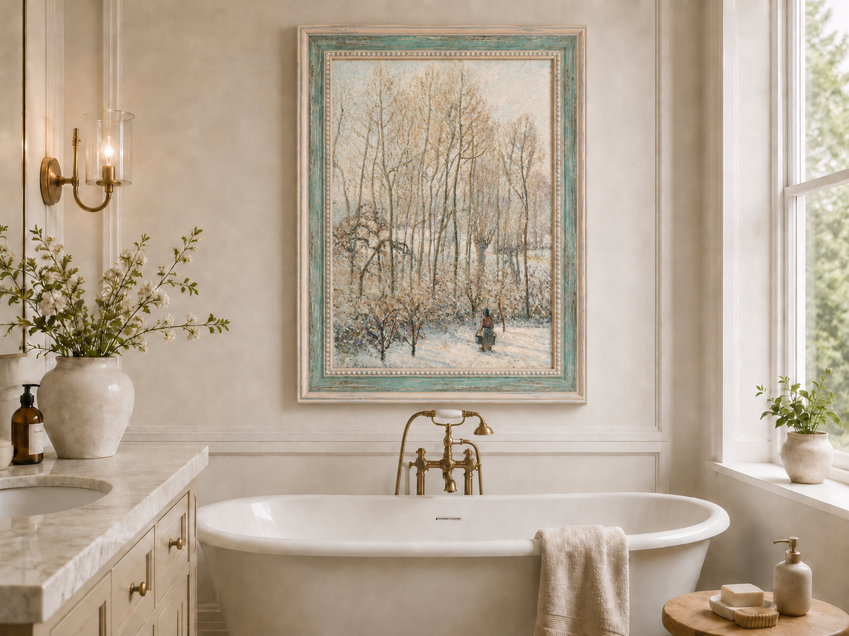 Peinture à l'huile de paysage - Rivière printanière avec pêcheur et arbres