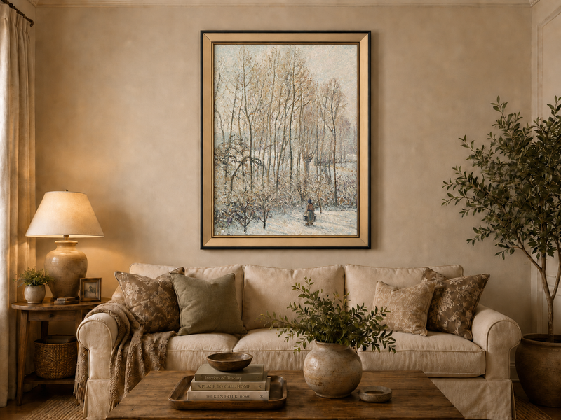 Peinture à l'huile de paysage - Rivière printanière avec pêcheur et arbres