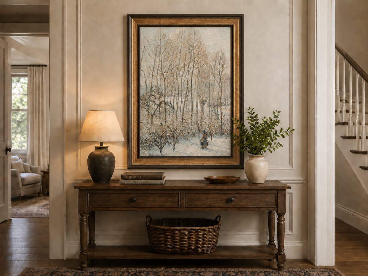 Peinture à l'huile de paysage - Rivière printanière avec pêcheur et arbres