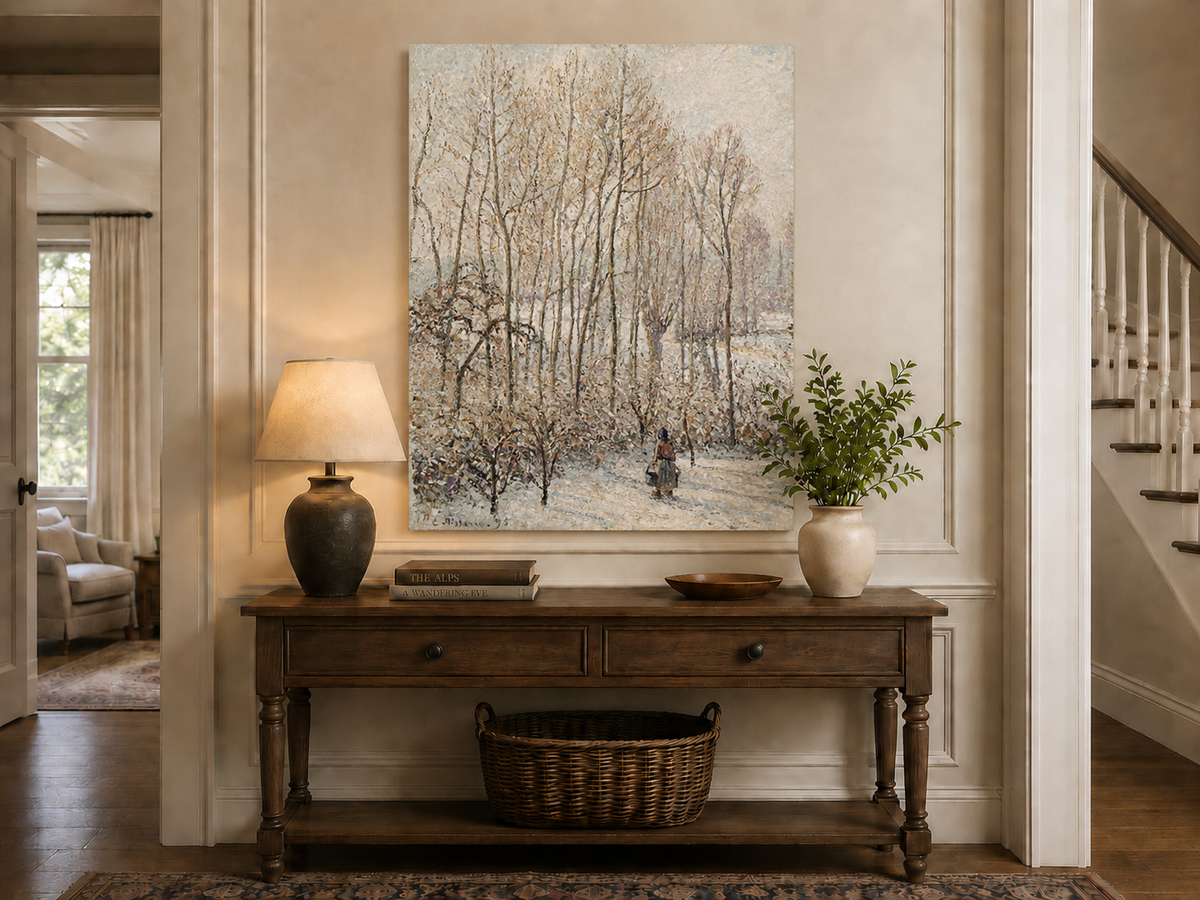 Peinture à l'huile de paysage - Rivière printanière avec pêcheur et arbres