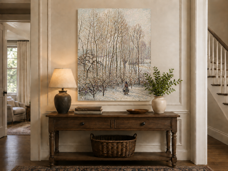Peinture à l'huile de paysage - Rivière printanière avec pêcheur et arbres