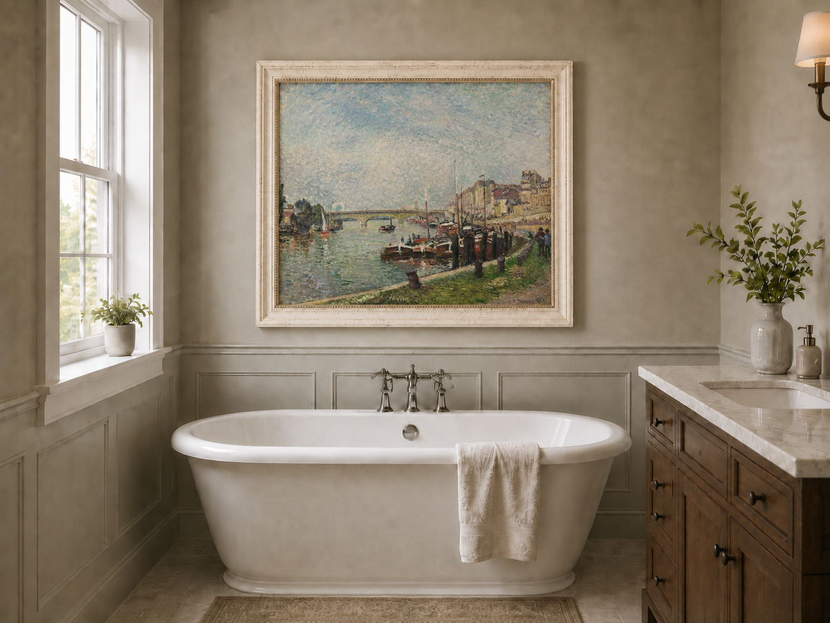 Landscape Oil Painting - Riverfront at Rouen Boats & Bridge