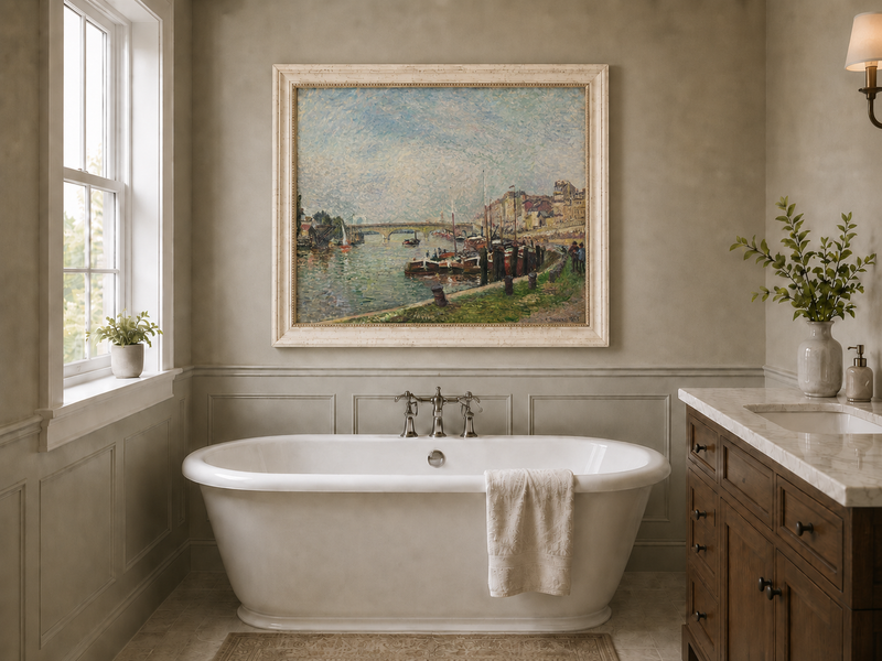 Landscape Oil Painting - Riverfront at Rouen Boats & Bridge