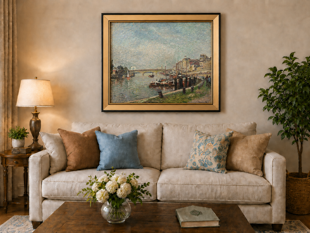 Landscape Oil Painting - Riverfront at Rouen Boats & Bridge