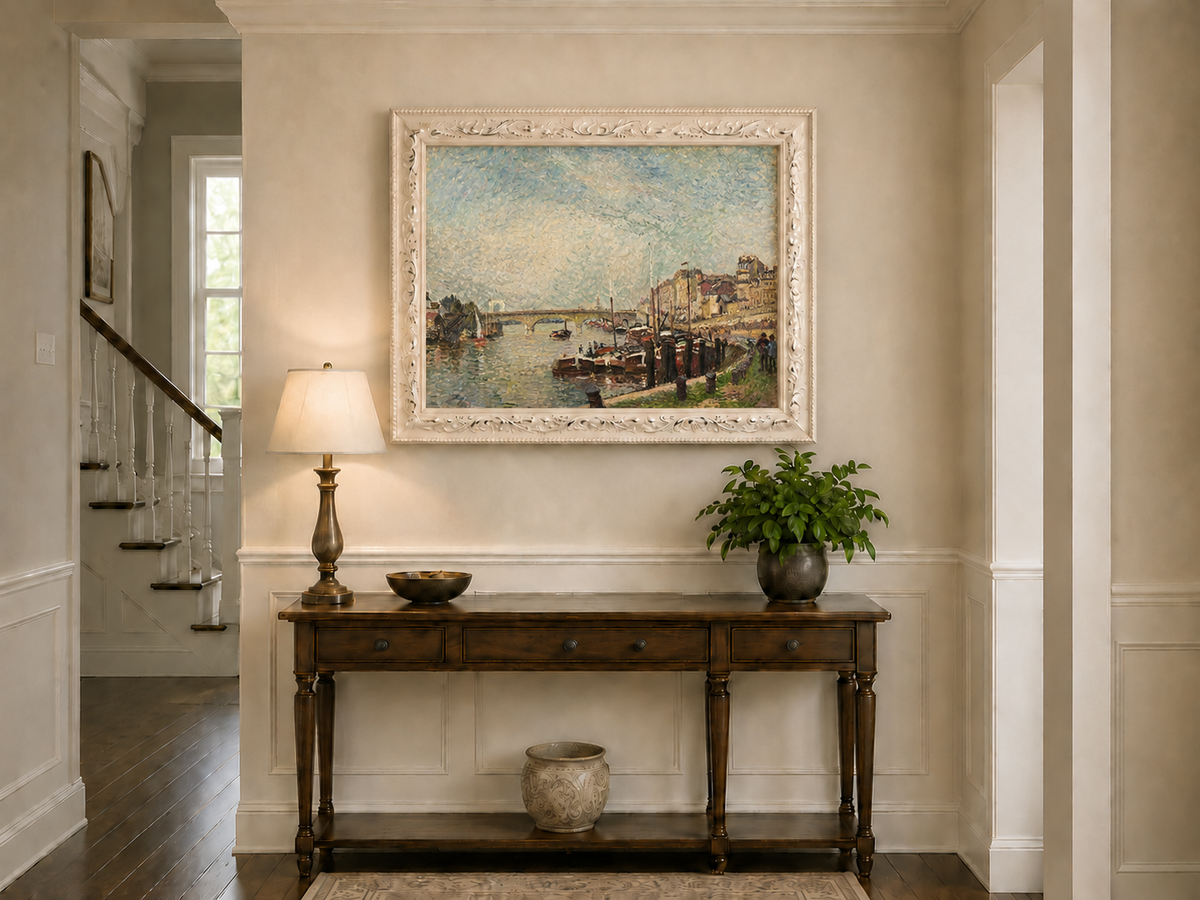 Landscape Oil Painting - Riverfront at Rouen Boats & Bridge
