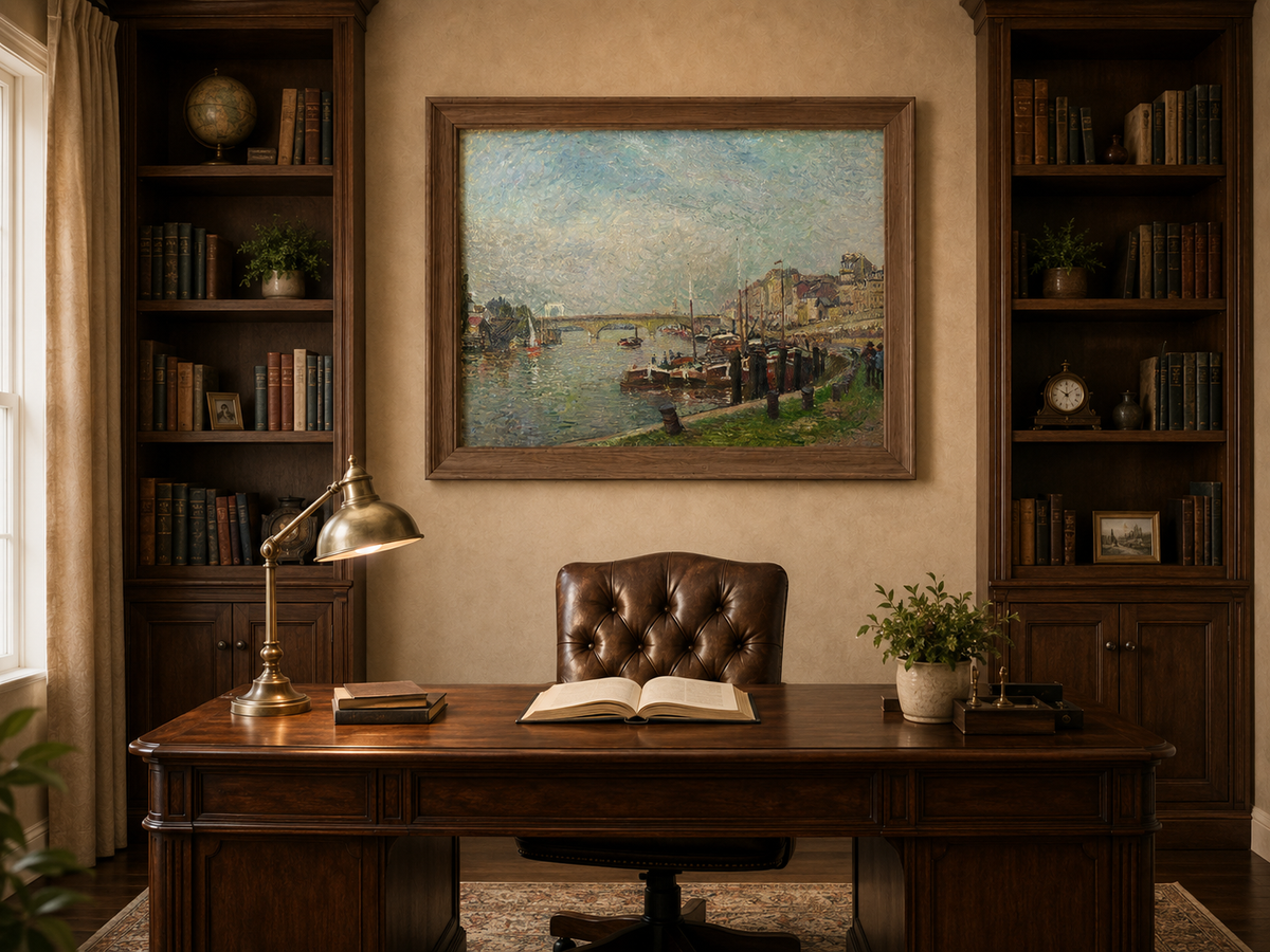 Landscape Oil Painting - Riverfront at Rouen Boats & Bridge