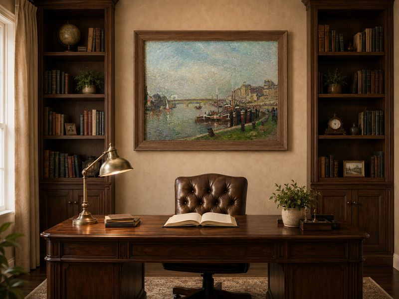 Landscape Oil Painting - Riverfront at Rouen Boats & Bridge