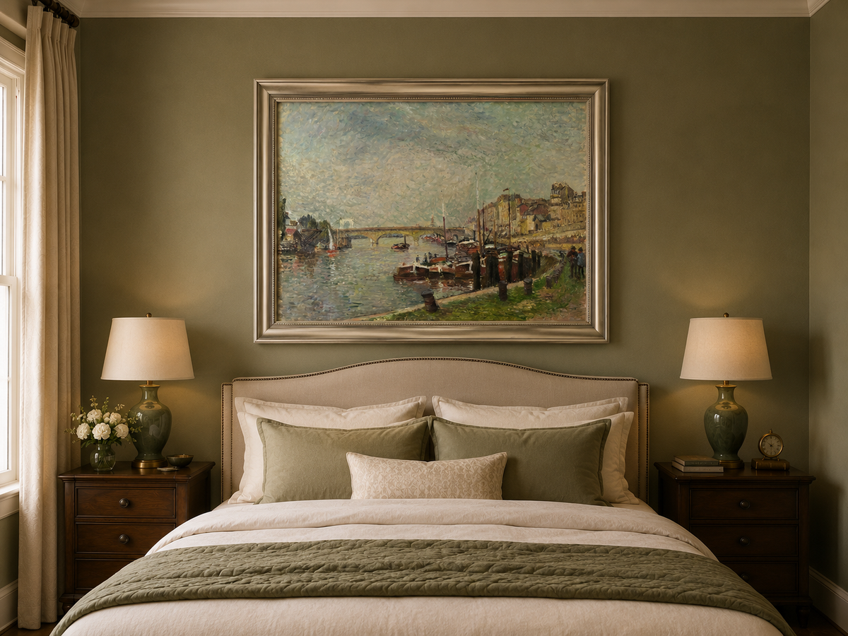 Landscape Oil Painting - Riverfront at Rouen Boats & Bridge