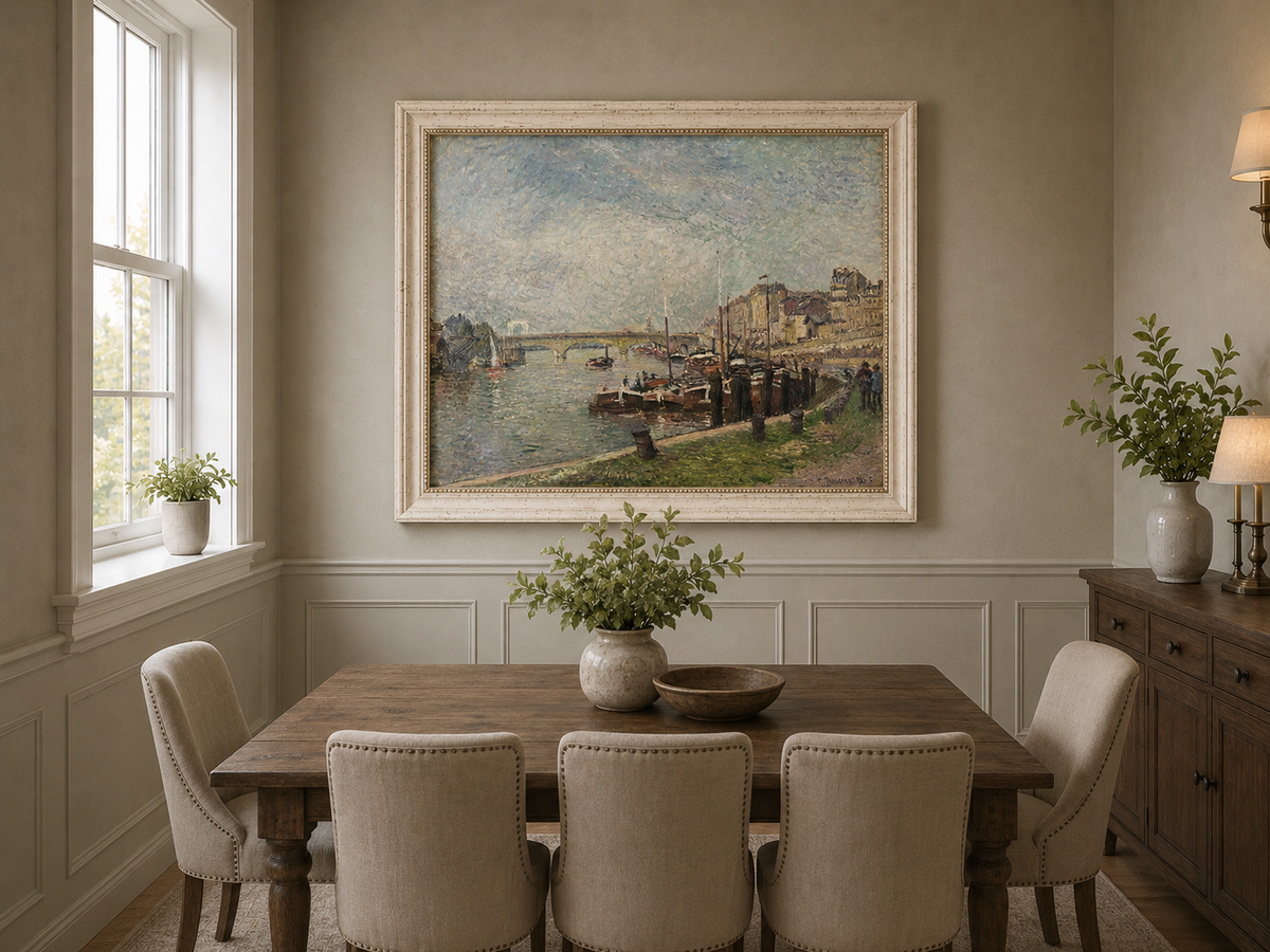 Landscape Oil Painting - Riverfront at Rouen Boats & Bridge