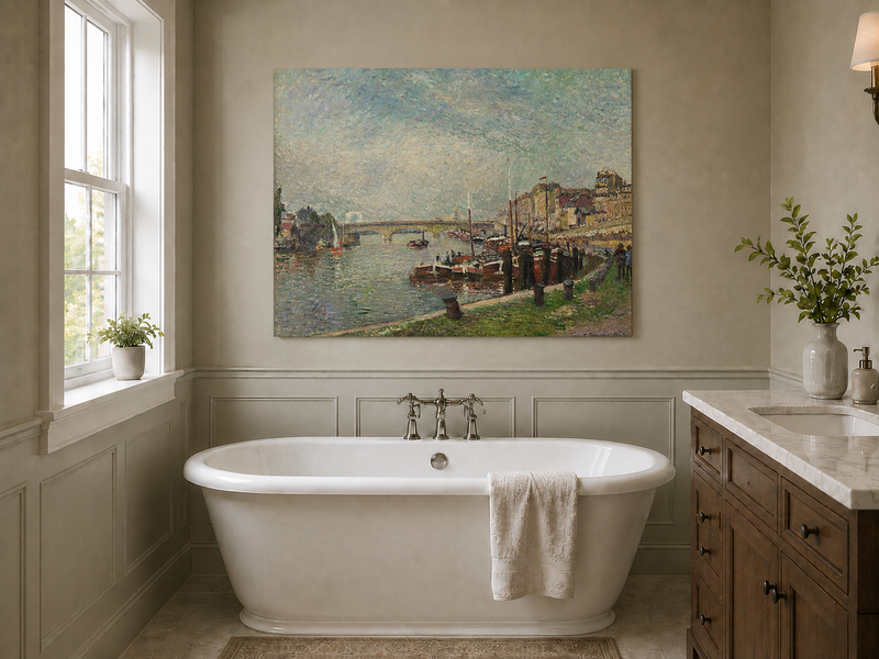 Landscape Oil Painting - Riverfront at Rouen Boats & Bridge