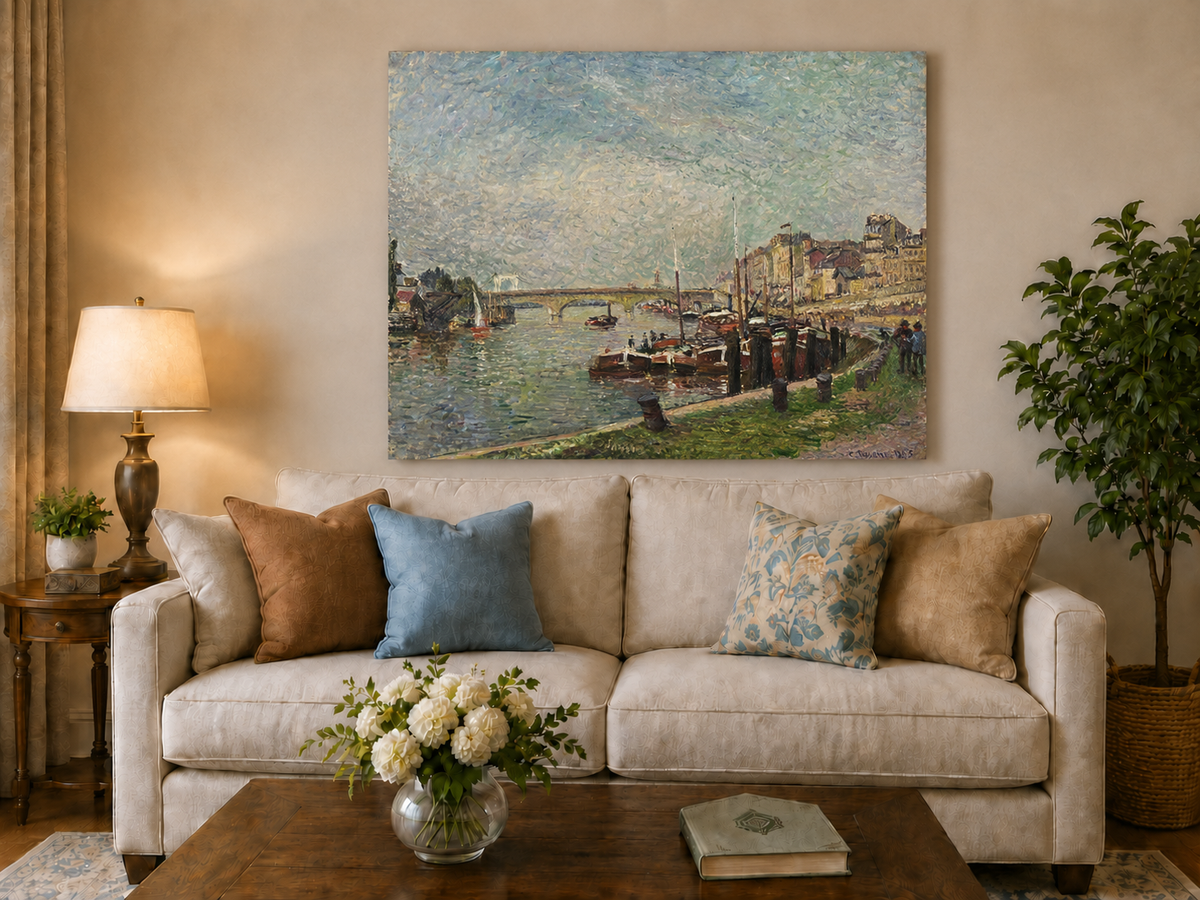 Landscape Oil Painting - Riverfront at Rouen Boats & Bridge
