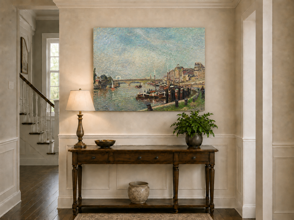 Landscape Oil Painting - Riverfront at Rouen Boats & Bridge