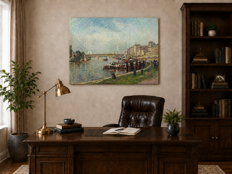 Landscape Oil Painting - Riverfront at Rouen Boats & Bridge