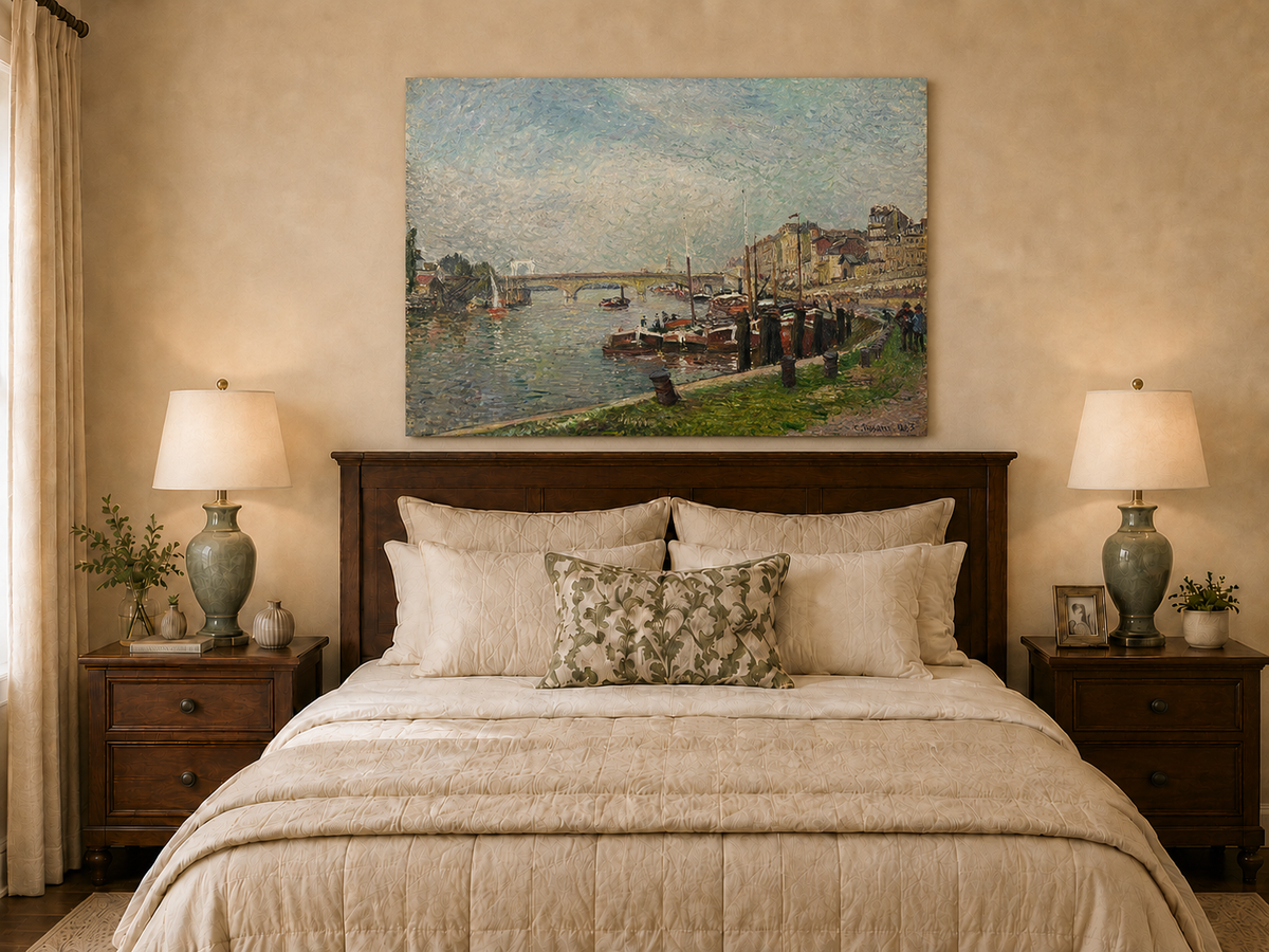 Landscape Oil Painting - Riverfront at Rouen Boats & Bridge