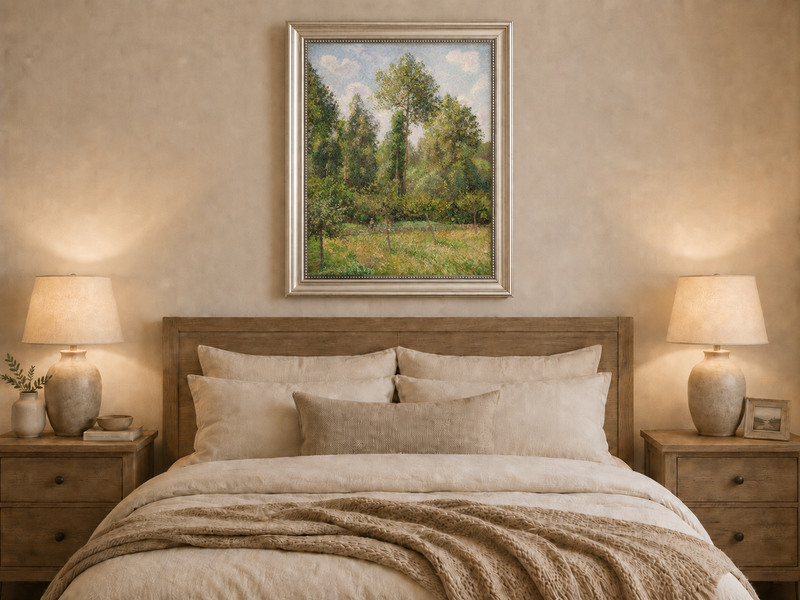 Peinture à l'huile de paysage - Rivière printanière avec pêcheur et arbres