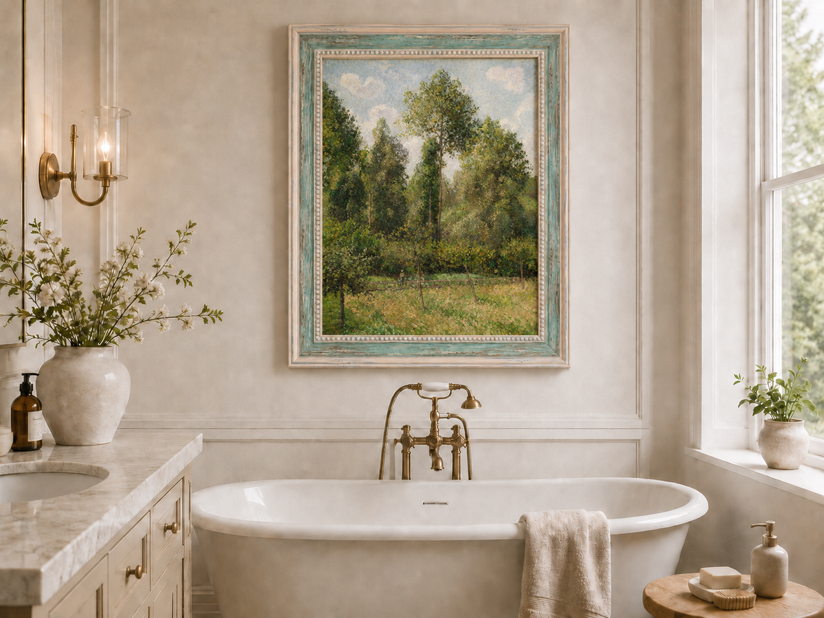 Peinture à l'huile de paysage - Rivière printanière avec pêcheur et arbres