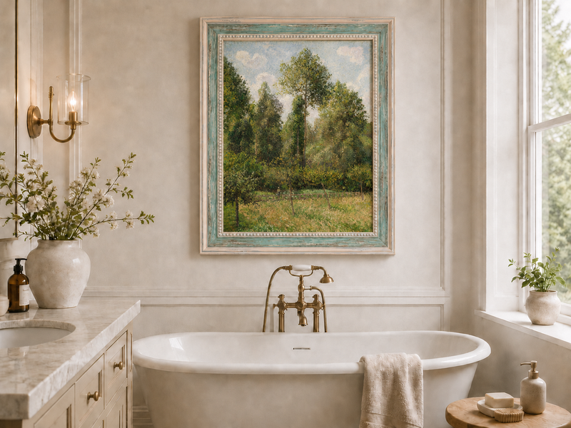 Peinture à l'huile de paysage - Rivière printanière avec pêcheur et arbres