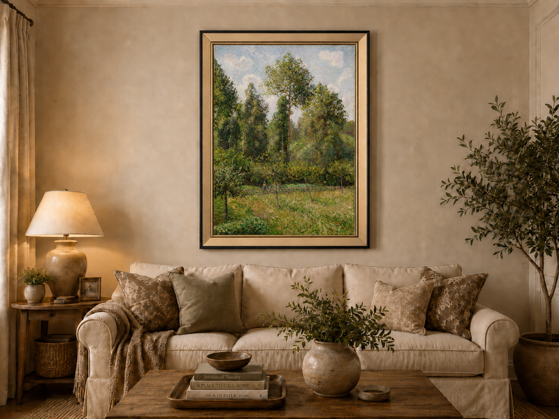 Peinture à l'huile de paysage - Rivière printanière avec pêcheur et arbres