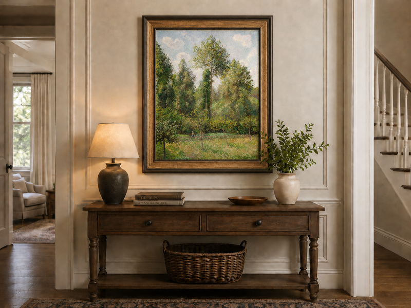 Peinture à l'huile de paysage - Rivière printanière avec pêcheur et arbres