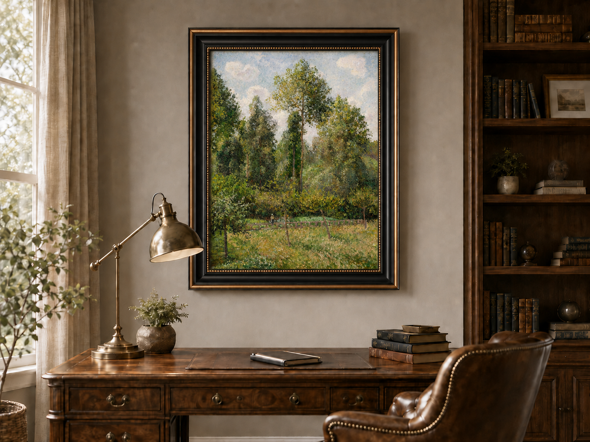 Peinture à l'huile de paysage - Rivière printanière avec pêcheur et arbres