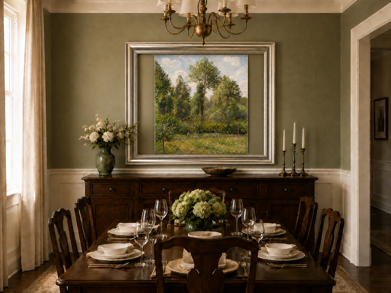 Peinture à l'huile de paysage - Rivière printanière avec pêcheur et arbres