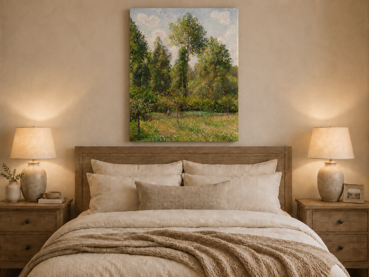 Peinture à l'huile de paysage - Rivière printanière avec pêcheur et arbres