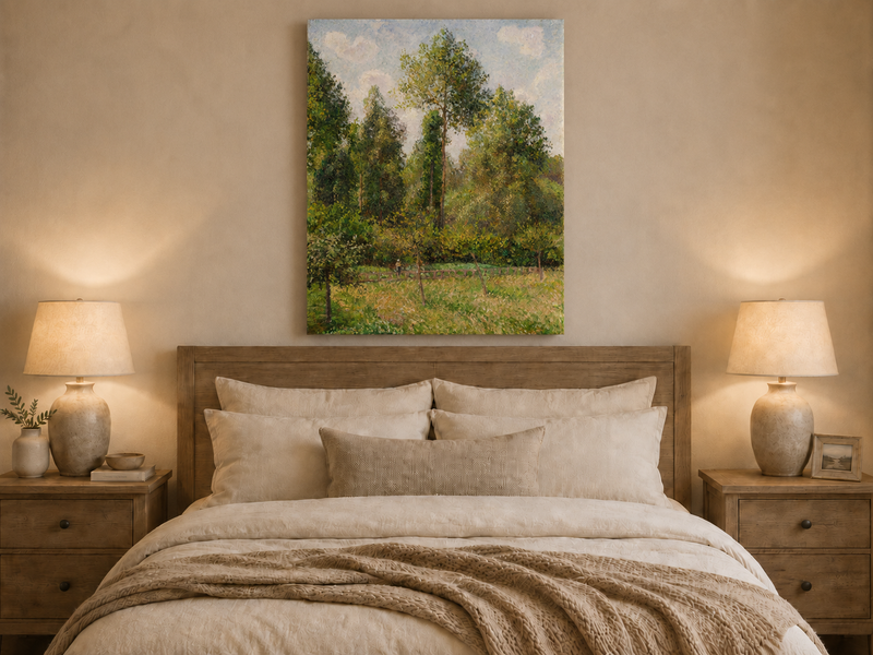 Peinture à l'huile de paysage - Rivière printanière avec pêcheur et arbres