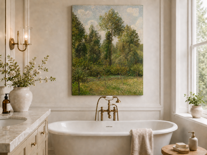 Peinture à l'huile de paysage - Rivière printanière avec pêcheur et arbres