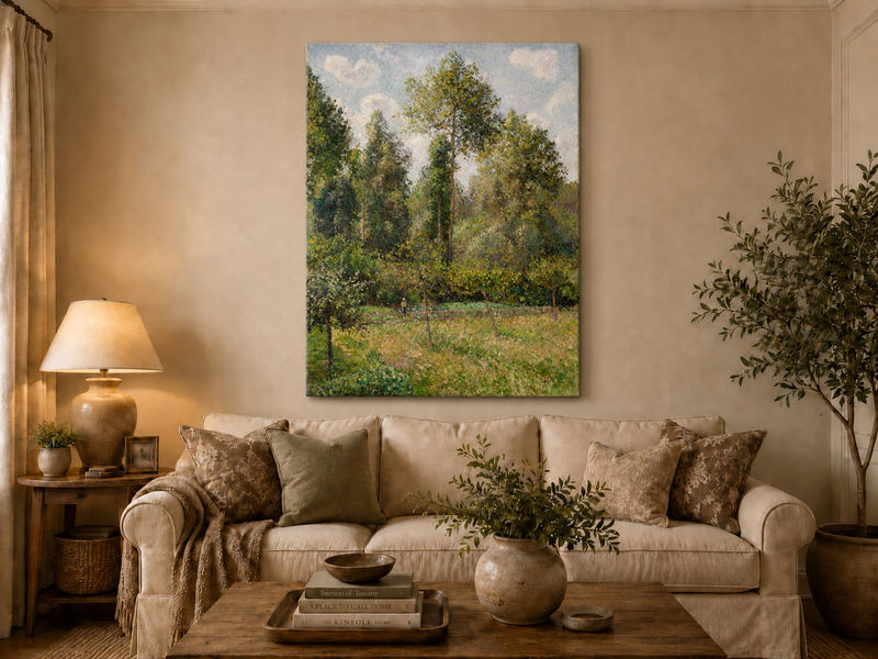 Peinture à l'huile de paysage - Rivière printanière avec pêcheur et arbres