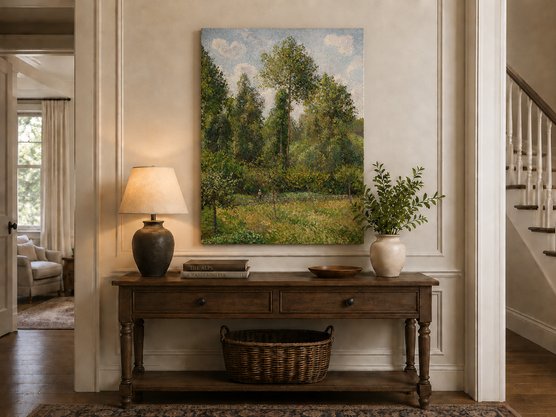 Peinture à l'huile de paysage - Rivière printanière avec pêcheur et arbres