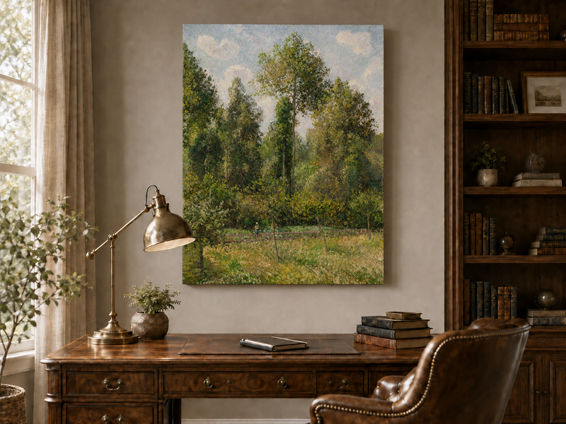 Peinture à l'huile de paysage - Rivière printanière avec pêcheur et arbres