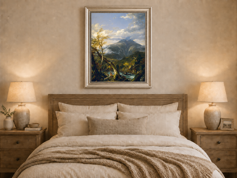 Peinture à l'huile de paysage - Rivière printanière avec pêcheur et arbres